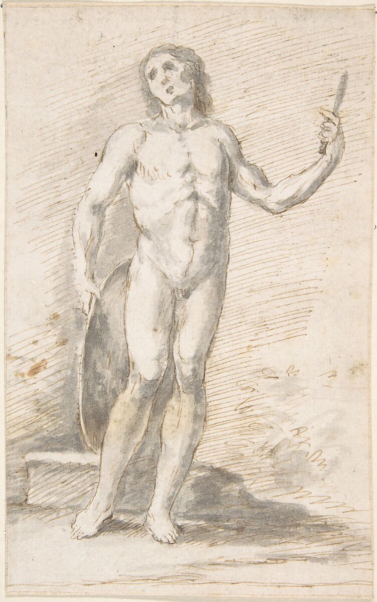 Standing Male Nude, Anonymous, Spanish, School of Seville, 17th century, Pen and light brown ink with brush and gray wash over traces of black chalk underdrawing.  On off-white paper 