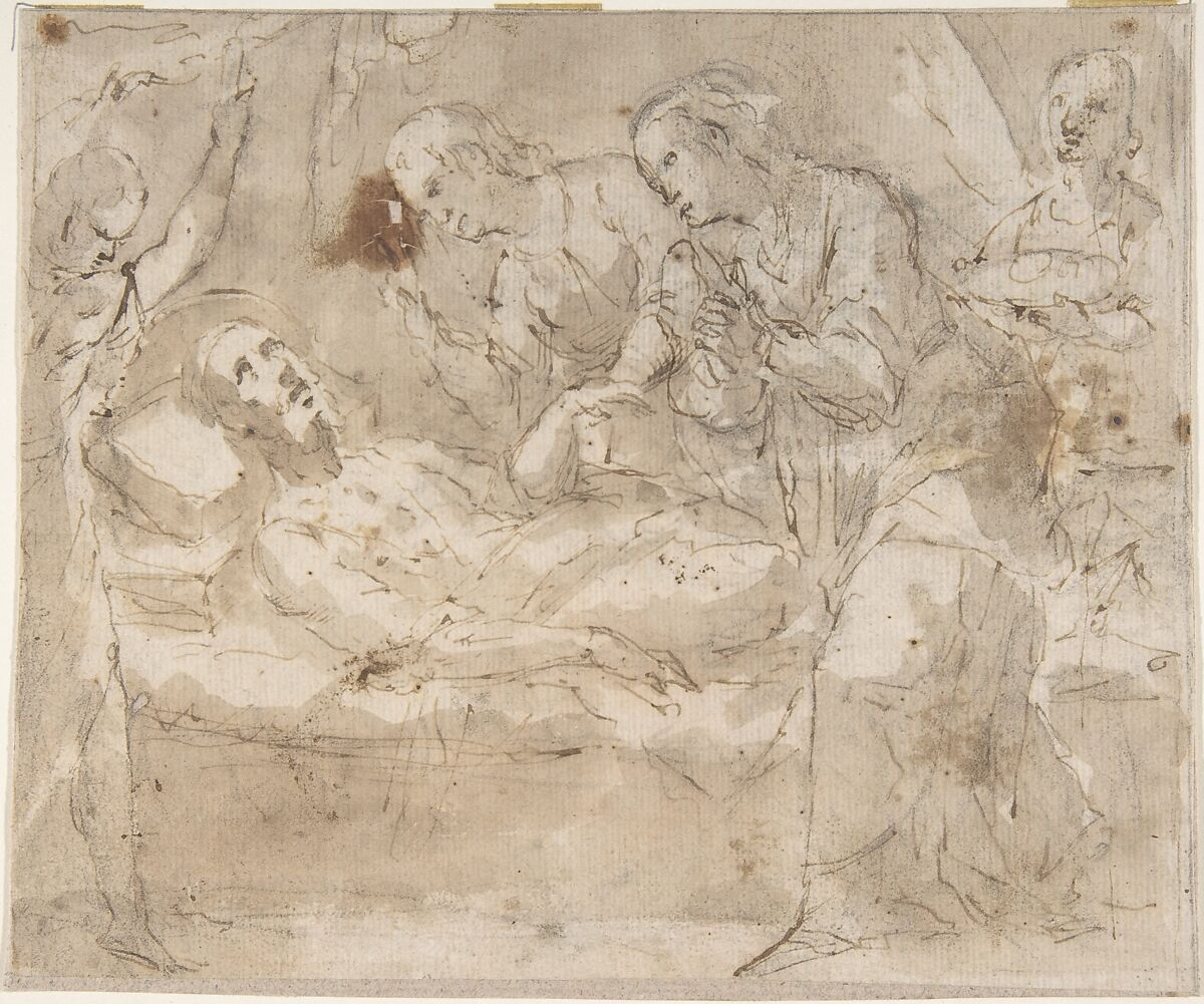 Death of a Male Saint (Joseph?) with Four Secondary Figures, Anonymous, Spanish, School of Seville, 17th century, Pen and brown ink with brush and brown wash over black chalk underdrawing.  On off-white paper 