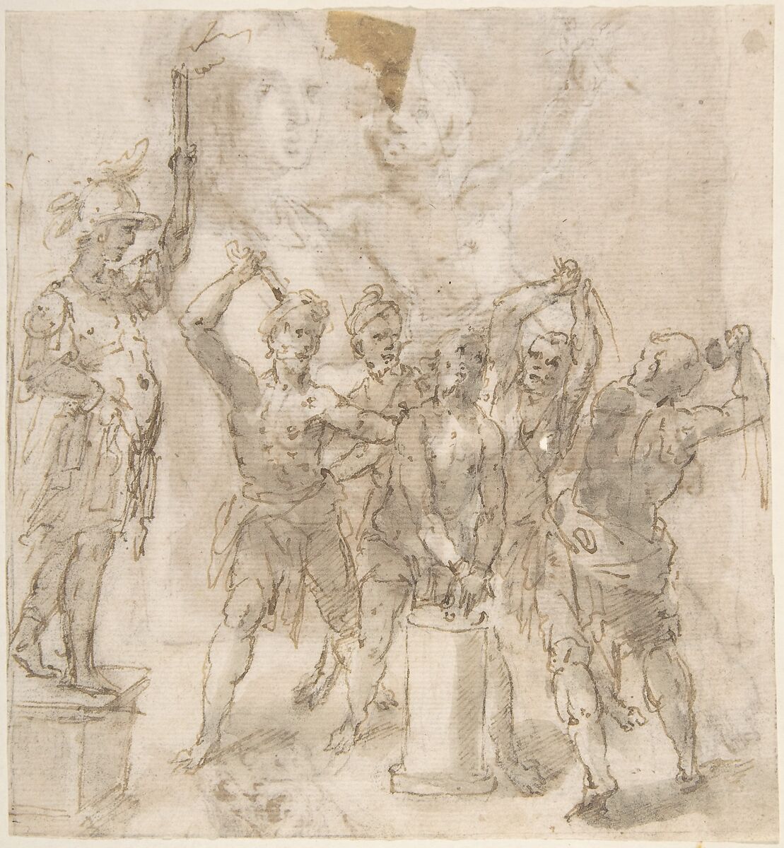The Flagellation of Christ (recto); Madonna and Child and Unrelated Figure Studies (verso), Anonymous, Spanish, School of Seville, 17th century, Pen and brown ink with brush and gray-brown wash over traces of black chalk underdrawing (recto). Composition outlined in black chalk. On off-white paper. Pen and brown ink with brush and gray-brown wash over traces of black chalk underdrawing (verso) 