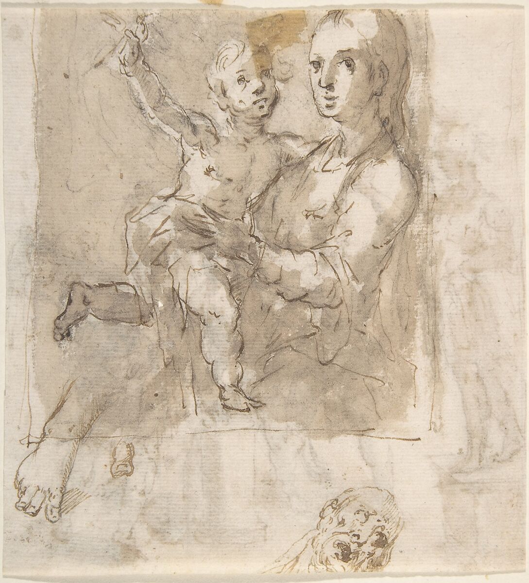 The Flagellation of Christ (recto); Madonna and Child and Unrelated Figure Studies (verso), Anonymous, Spanish, School of Seville, 17th century, Pen and brown ink with brush and gray-brown wash over traces of black chalk underdrawing (recto). Composition outlined in black chalk. On off-white paper. Pen and brown ink with brush and gray-brown wash over traces of black chalk underdrawing (verso)