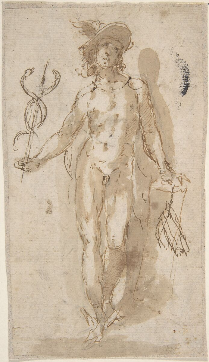 Standing Figure of Mercury, Anonymous, Spanish, School of Seville, 17th century, Pen and brown ink with brush and brown wash over traces of black chalk underdrawing.  Partial reinforcements in pen and dark brown ink.  On off-white paper 