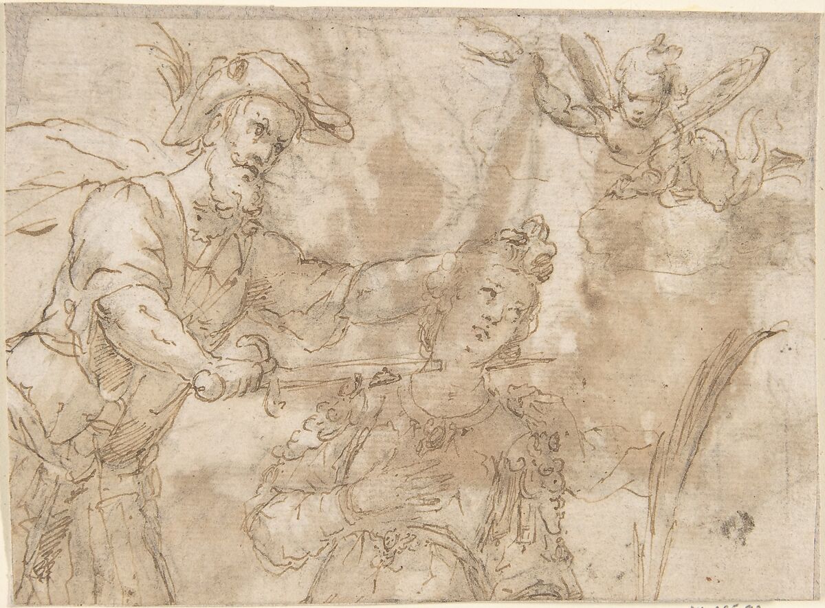 Decapitation of a Female Martyr (Saint Catherine of Alexandria?), Anonymous, Spanish, School of Seville, 17th century, Pen and brown ink with brush and brown wash over traces of black chalk underdrawing.  On off-white paper 