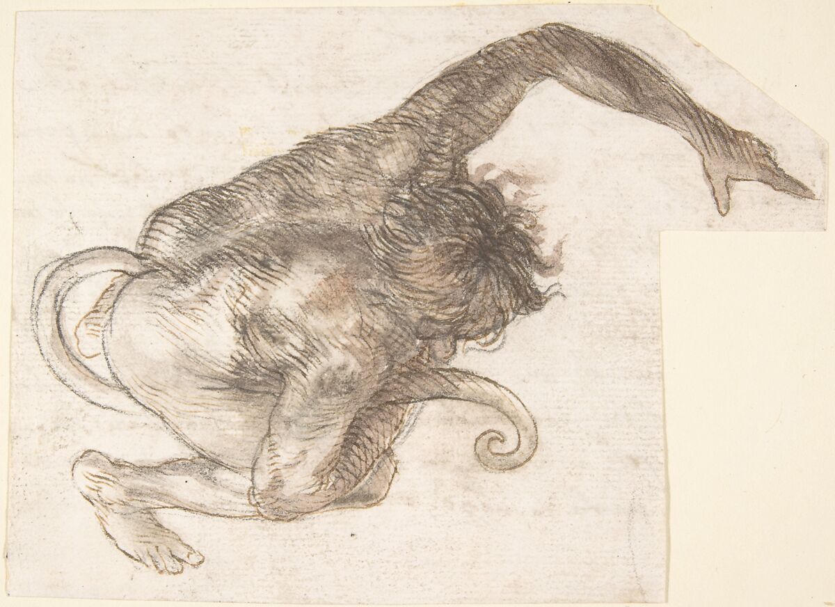 Figure of Fantastic Human-like Creature with Long Tail (recto); Fragment of a Letter or Document (verso), Anonymous, Spanish, School of Seville, 17th century, Pen and brown ink with brush and brown wash over black chalk underdrawing (recto). On ivory paper. Script in pen and dark brown ink (verso) 