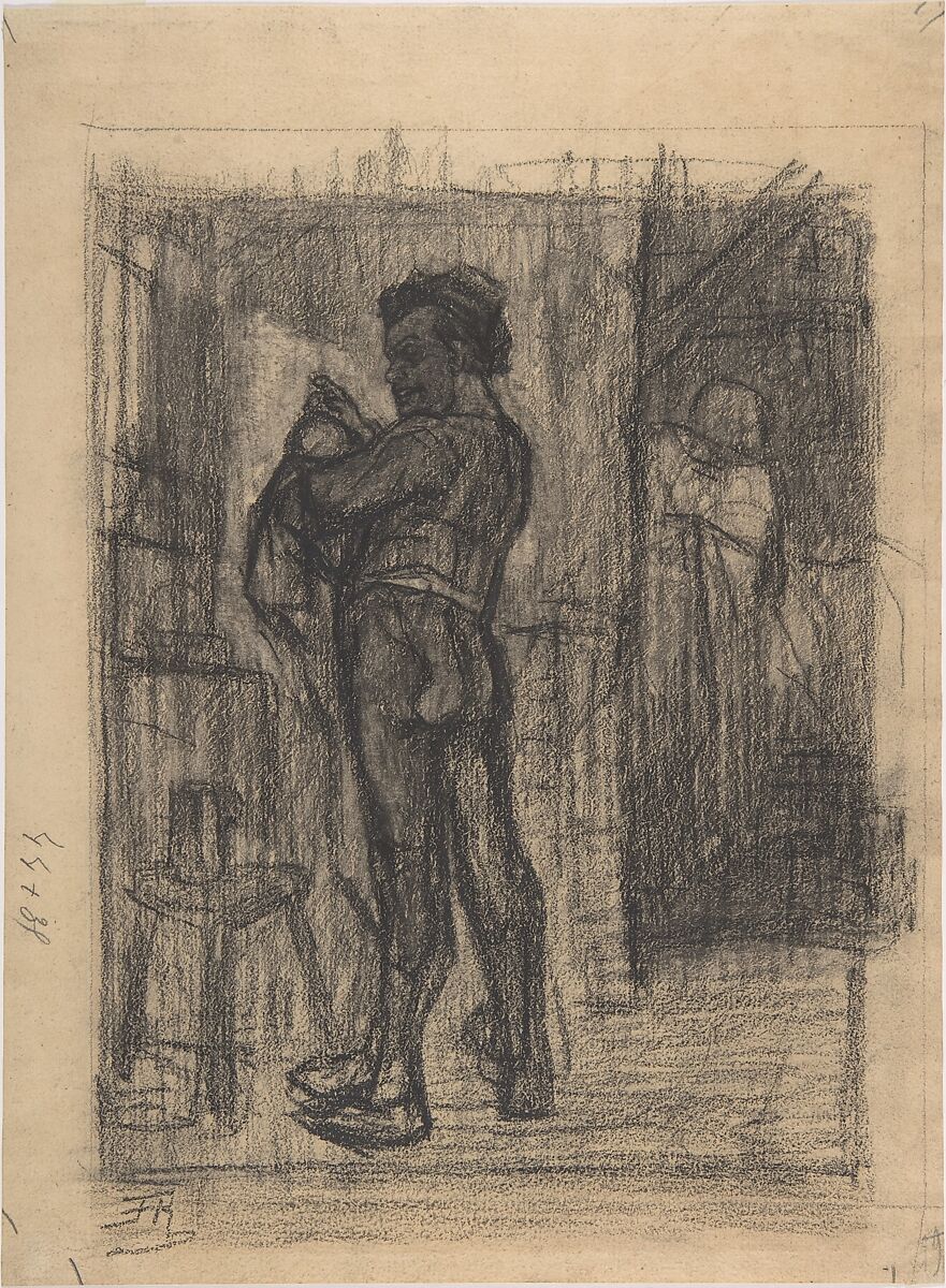 Standing man with beer mugs, Félicien Rops (Belgian, Namur 1833–1898 Essonnes), Black chalk 