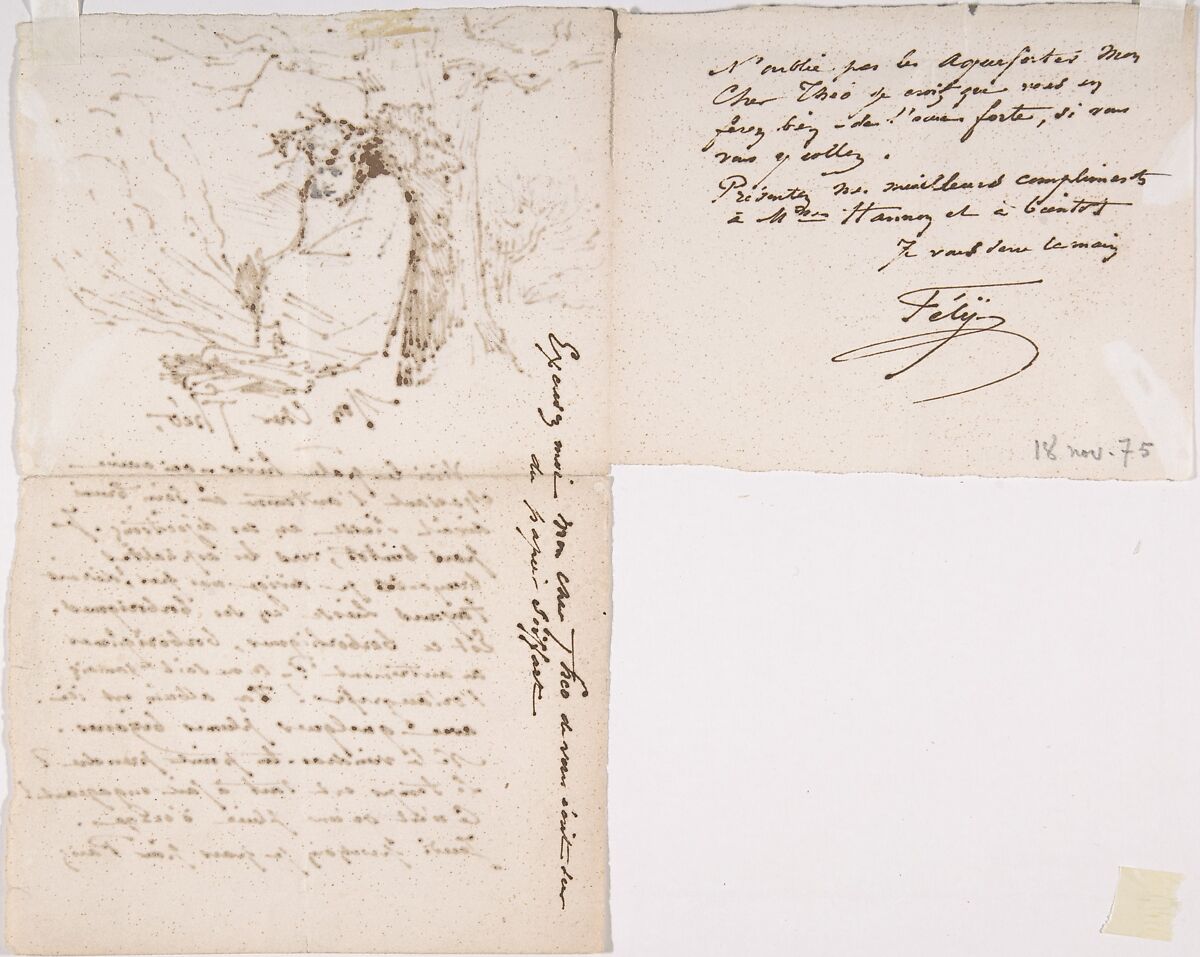 Letter to Theo Hanon, from Rops, signed Fély, Félicien Rops (Belgian, Namur 1833–1898 Essonnes), Pen and brown and black ink
