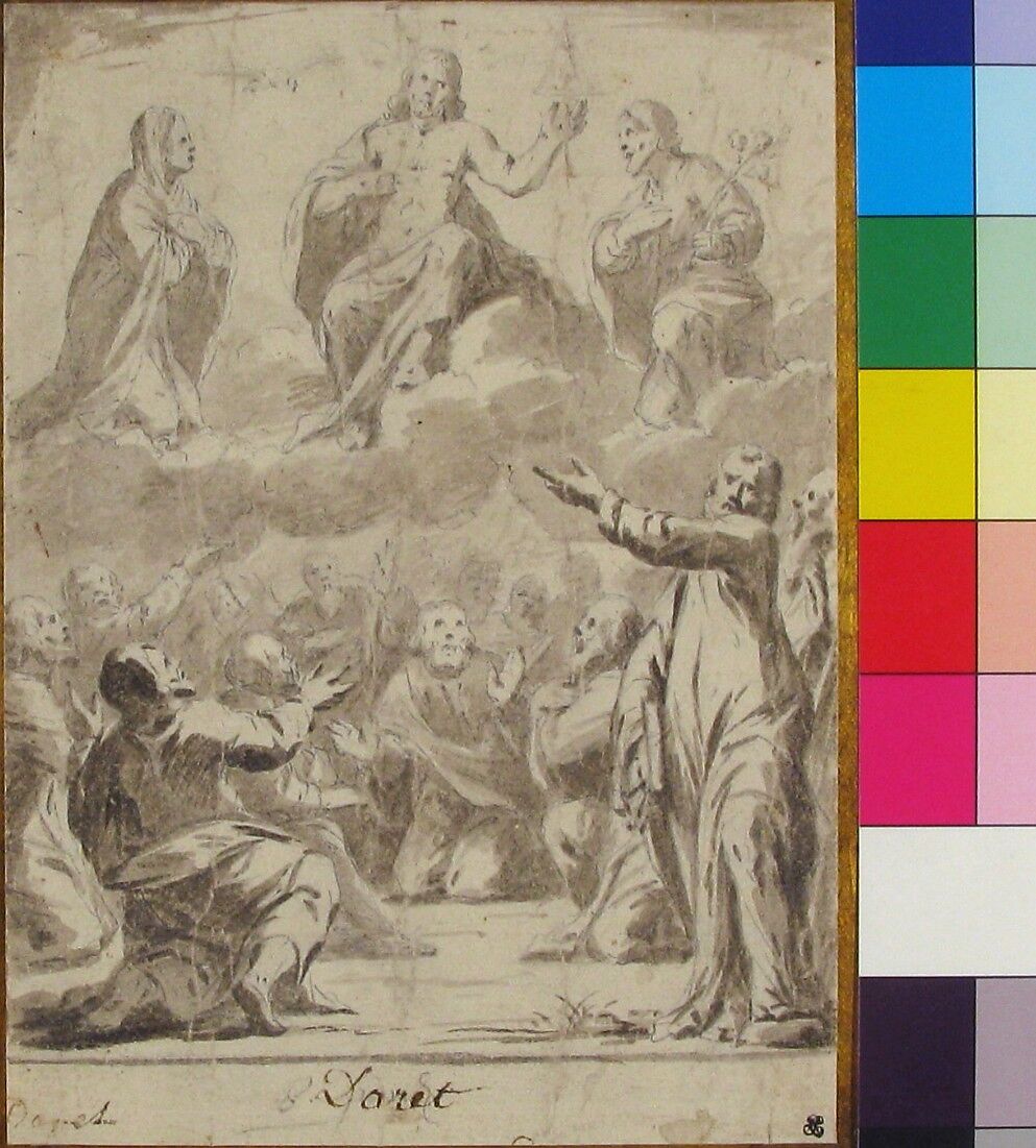 The Risen Christ between the Virgin and St. Joseph, Appearing to St. Peter and other Apostles, Jean Daret (French, Brussels 1613/15–1668 Aix-en-Provence), Brush and brown wash, over graphite