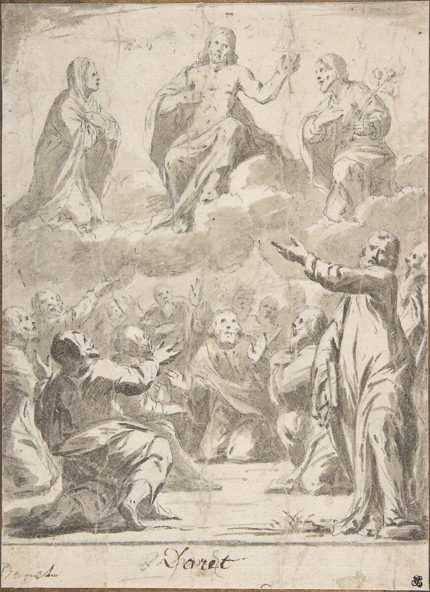 The Risen Christ between the Virgin and St. Joseph, Appearing to St. Peter and other Apostles, Jean Daret (French, Brussels 1613/15–1668 Aix-en-Provence), Brush and brown wash, over graphite 