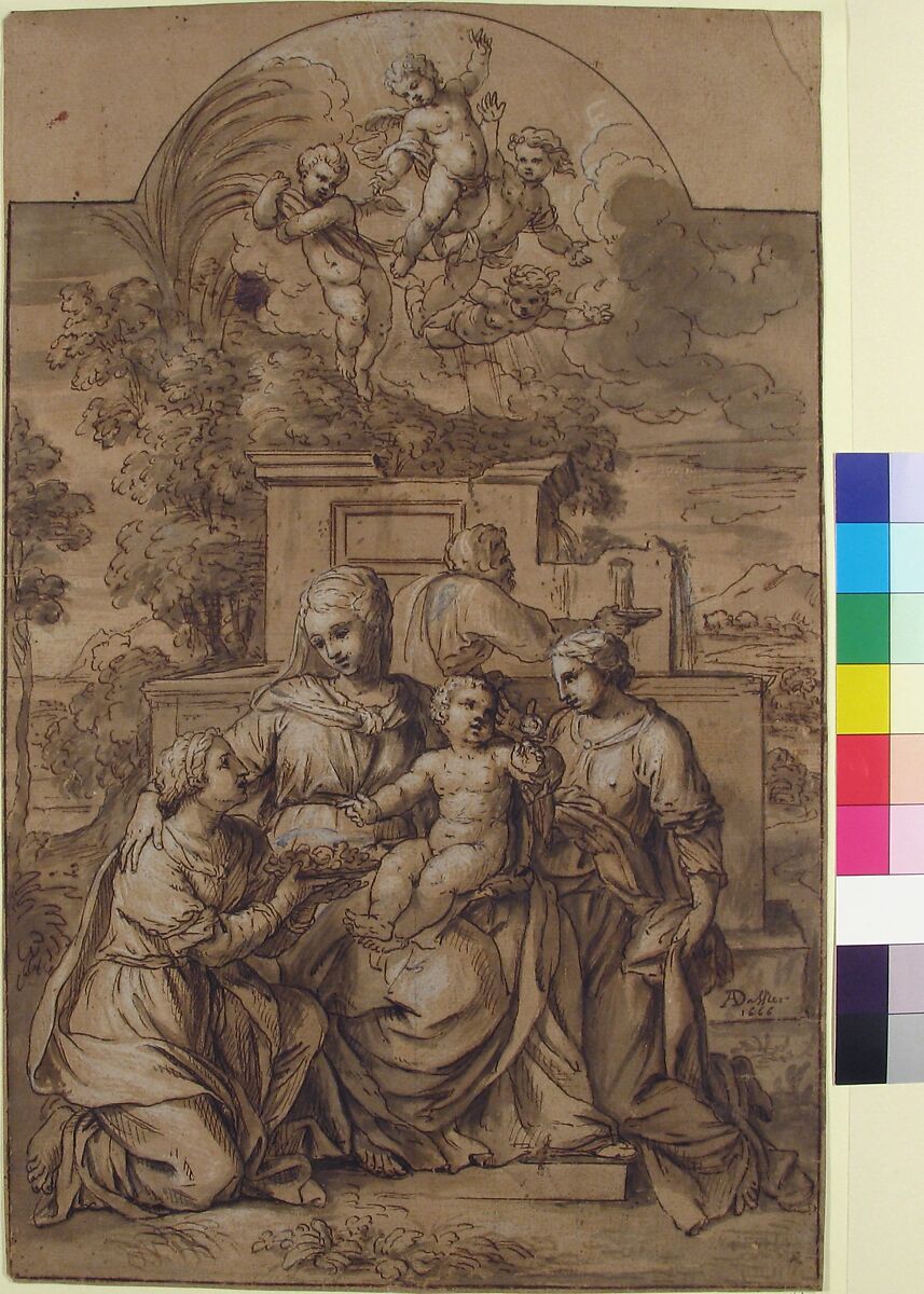 The Rest on the Flight into Egypt, Adrien Dassier (French, Lyon 1630–1672 Lyon), Pen, brown ink, brush and gray-brown wash, heightened with white over traces of black chalk, faintly squared in black chalk