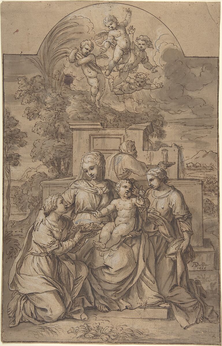 The Rest on the Flight into Egypt, Adrien Dassier (French, Lyon 1630–1672 Lyon), Pen, brown ink, brush and gray-brown wash, heightened with white over traces of black chalk, faintly squared in black chalk 