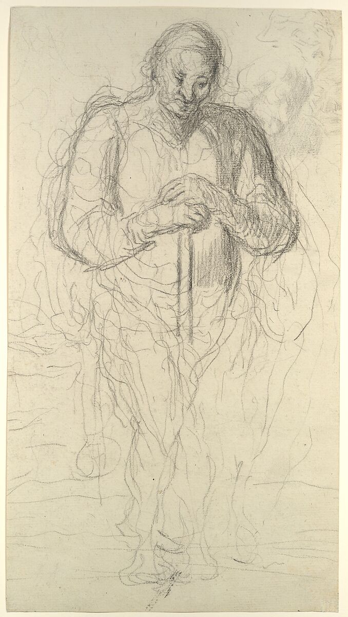 Standing Figure of a Man with a Staff, Honoré Daumier (French, Marseilles 1808–1879 Valmondois), Black chalk and graphite