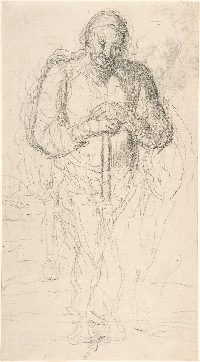Standing Figure of a Man with a Staff, Honoré Daumier (French, Marseilles 1808–1879 Valmondois), Black chalk and graphite 
