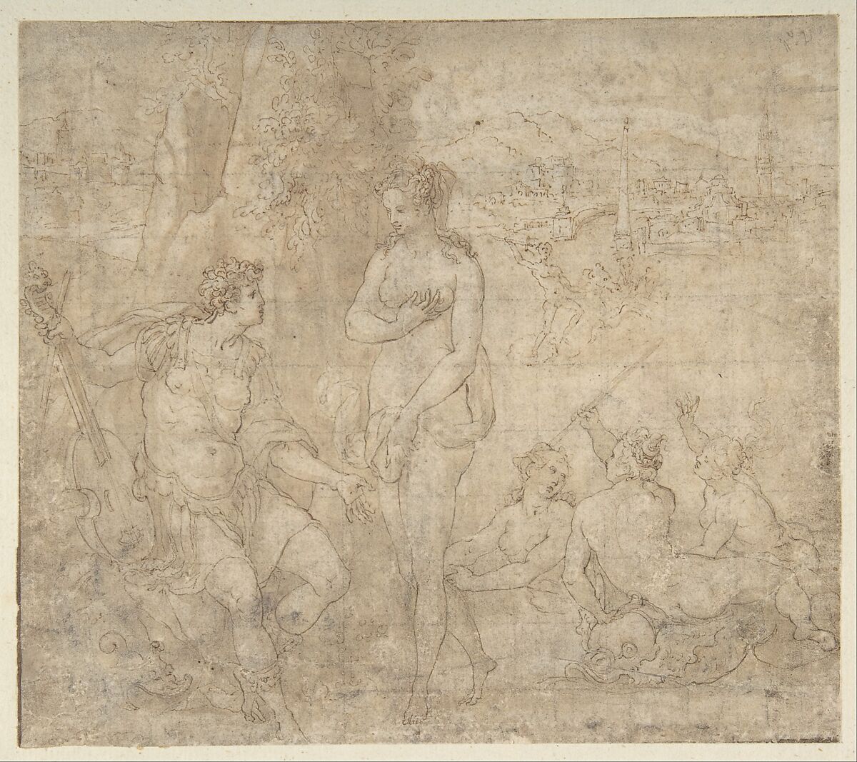 Apollo and Galatea in a Landscape with Neptune and Three Nymphs, Emilian artist near Orazio Samacchini (Italian, Bologna 1532–1577 Bologna), Pen and brown ink, brush and brown wash, over black chalk, squared for transfer in black chalk (with some corrections to squaring grid); traces of framing outlines in pen and dark brown ink 