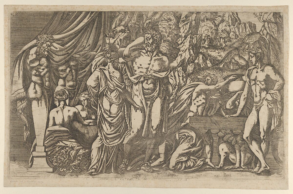 Hercules dressed as a woman, Antonio Fantuzzi (Italian, active France, 1537–45), Etching 