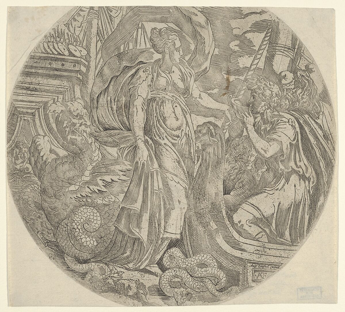 Circe Giving a Drink to Ulysses's Companions, Antonio Fantuzzi (Italian, active France, 1537–45), Etching 