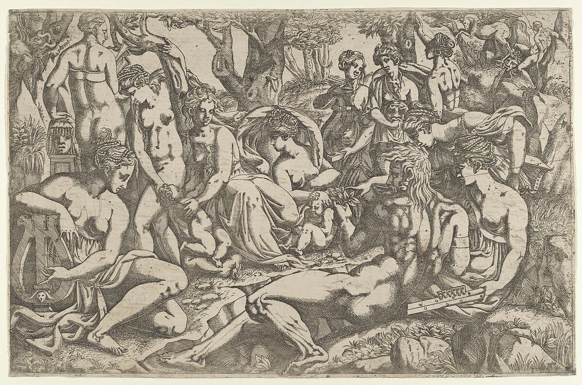 Muses at the Foot of Mount Parnassus, Antonio Fantuzzi (Italian, active France, 1537–45), Etching 