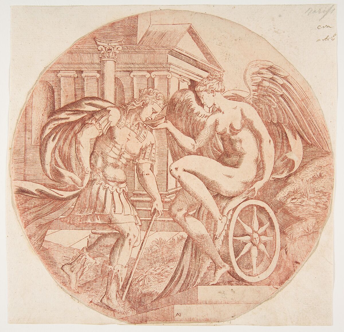 Fortune Making a Prince Drink, Antonio Fantuzzi (Italian, active France, 1537–45), Etching in red ink 