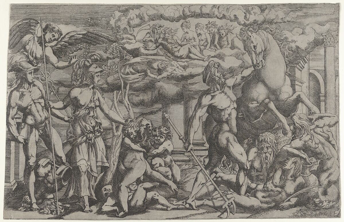 Contest between Athena and Poseidon, Antonio Fantuzzi (Italian, active France, 1537–45), Etching 