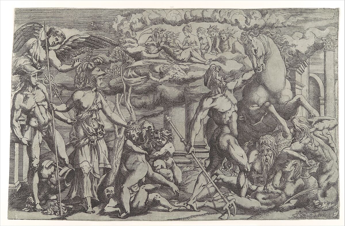 Contest between Athena and Poseidon, Antonio Fantuzzi (Italian, active France, 1537–45), Etching