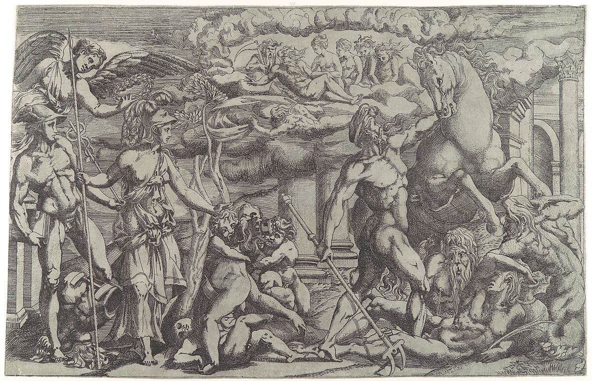 Contest between Athena and Poseidon, Antonio Fantuzzi (Italian, active France, 1537–45), Etching