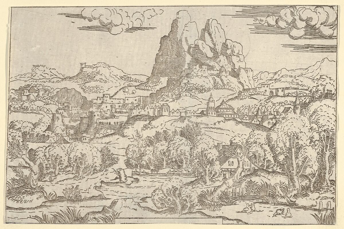 Landscape from "Venus Pushing Cupid" frame, Antonio Fantuzzi (Italian, active France, 1537–45), Etching 