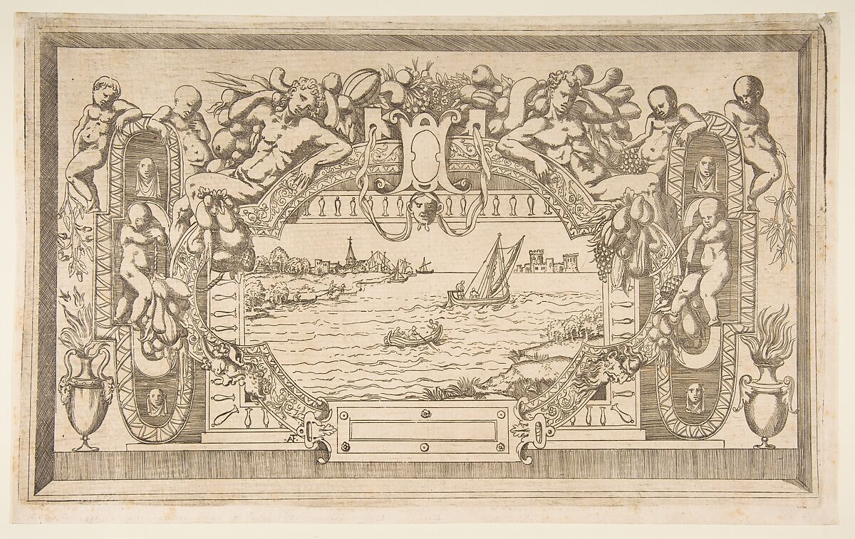Landscape with Ornamental Frame, Antonio Fantuzzi (Italian, active France, 1537–45), Etching