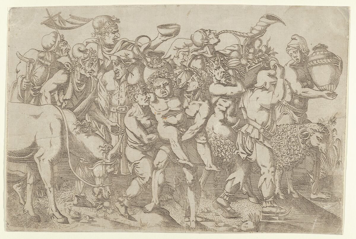 Silenus Carried by Two Attendants of Bacchus, Antonio Fantuzzi (Italian, active France, 1537–45), Etching 