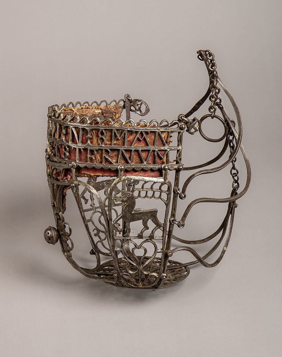 Horse Muzzle, Iron, tin, silk, leather, German, possibly Saxony