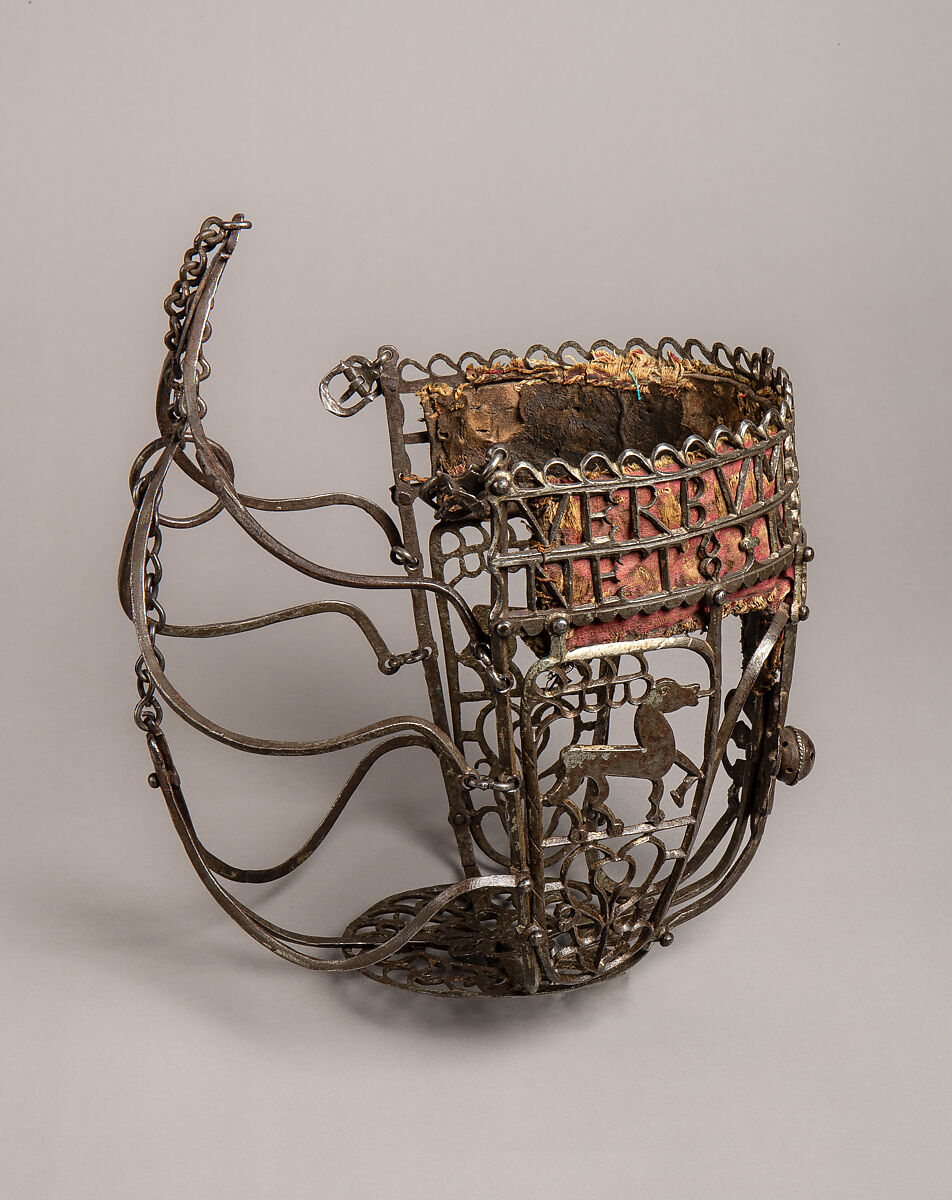 Horse Muzzle, Iron, tin, silk, leather, German, possibly Saxony