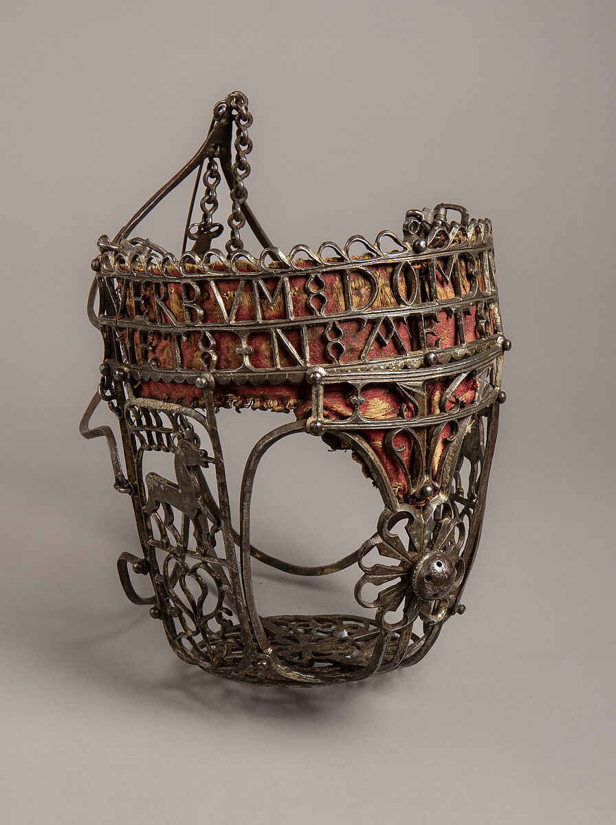 Horse Muzzle, Iron, tin, silk, leather, German, possibly Saxony