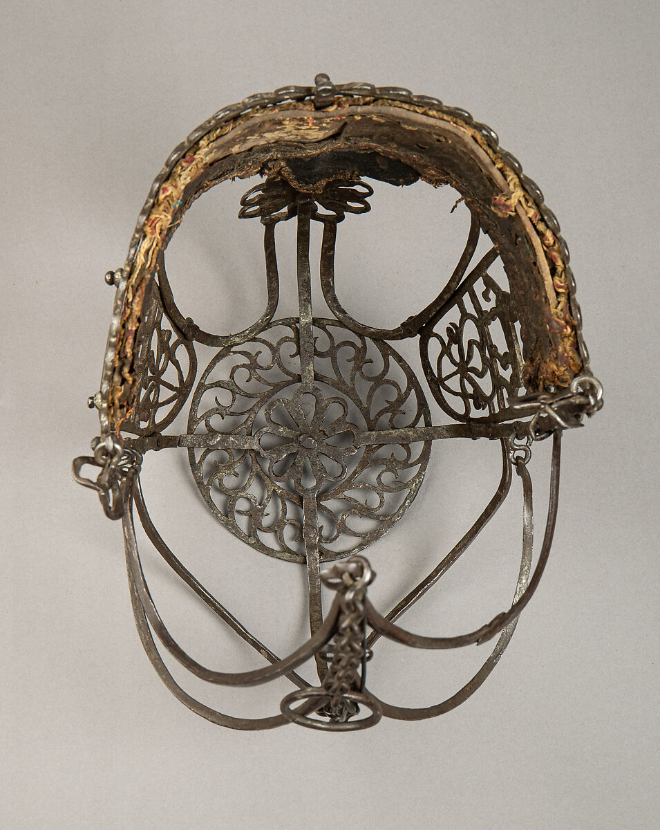 Horse Muzzle, Iron, tin, silk, leather, German, possibly Saxony