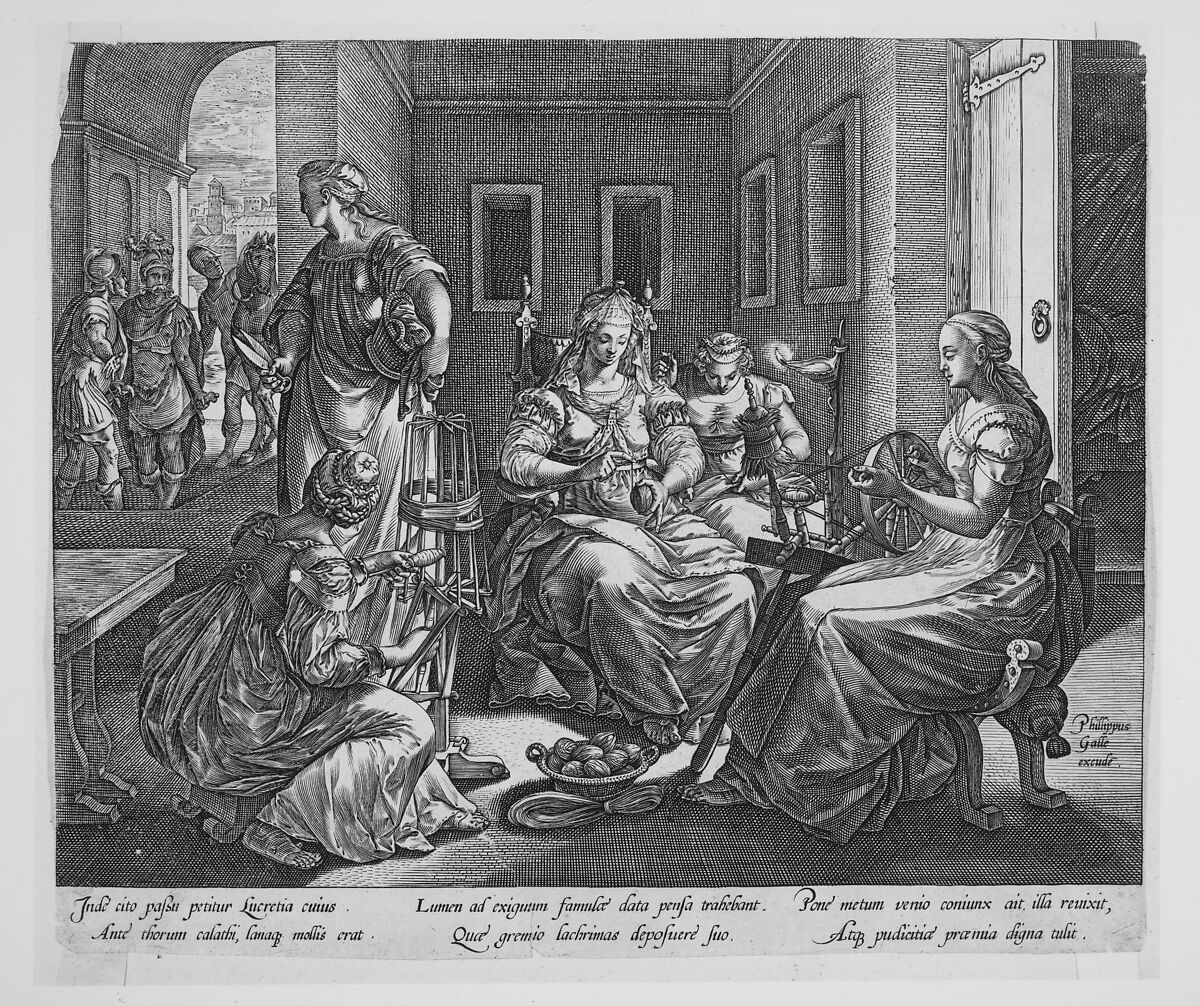 Lucretia and Her Women Spinning, Hendrick Goltzius (Netherlandish, Mühlbracht 1558–1617 Haarlem), Engraving 