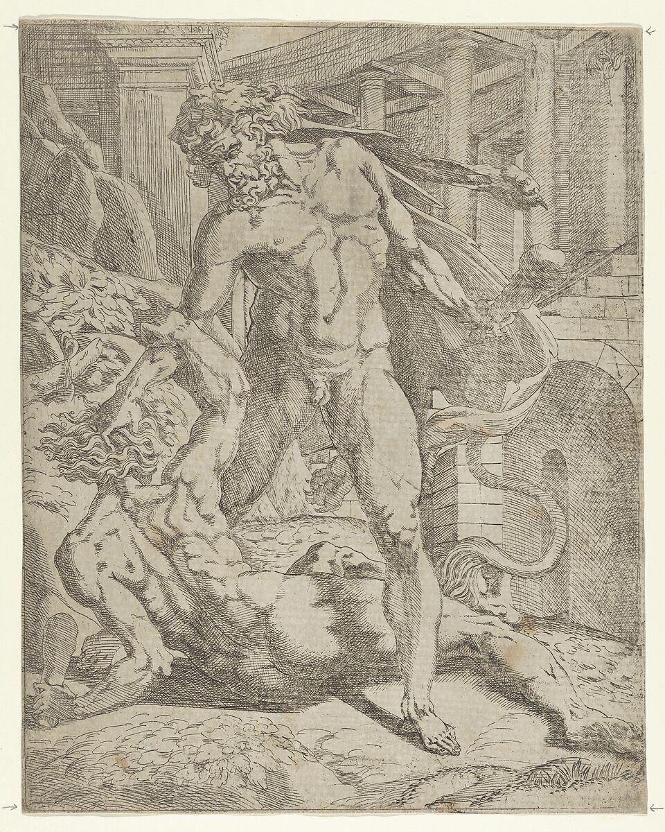 Hercules and Cacus, Antonio Fantuzzi (Italian, active France, 1537–45), Etching 