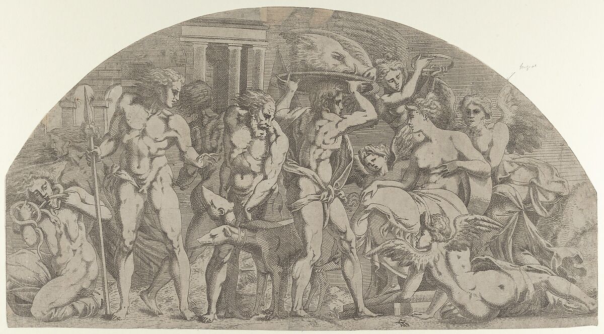 Meleager Bringing the Boar's Head to Atalanta, Antonio Fantuzzi (Italian, active France, 1537–45), Etching 