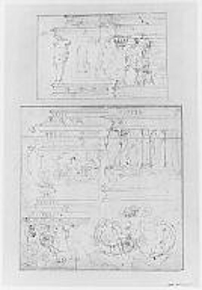 Sketches for the Design of a Casket (recto); Battle of the Centaurs and Lapiths(?) (verso), Attributed to Girolamo da Carpi (Girolamo Sellari) (Italian, Ferrara 1501–1556 Ferrara), Pen and brown ink