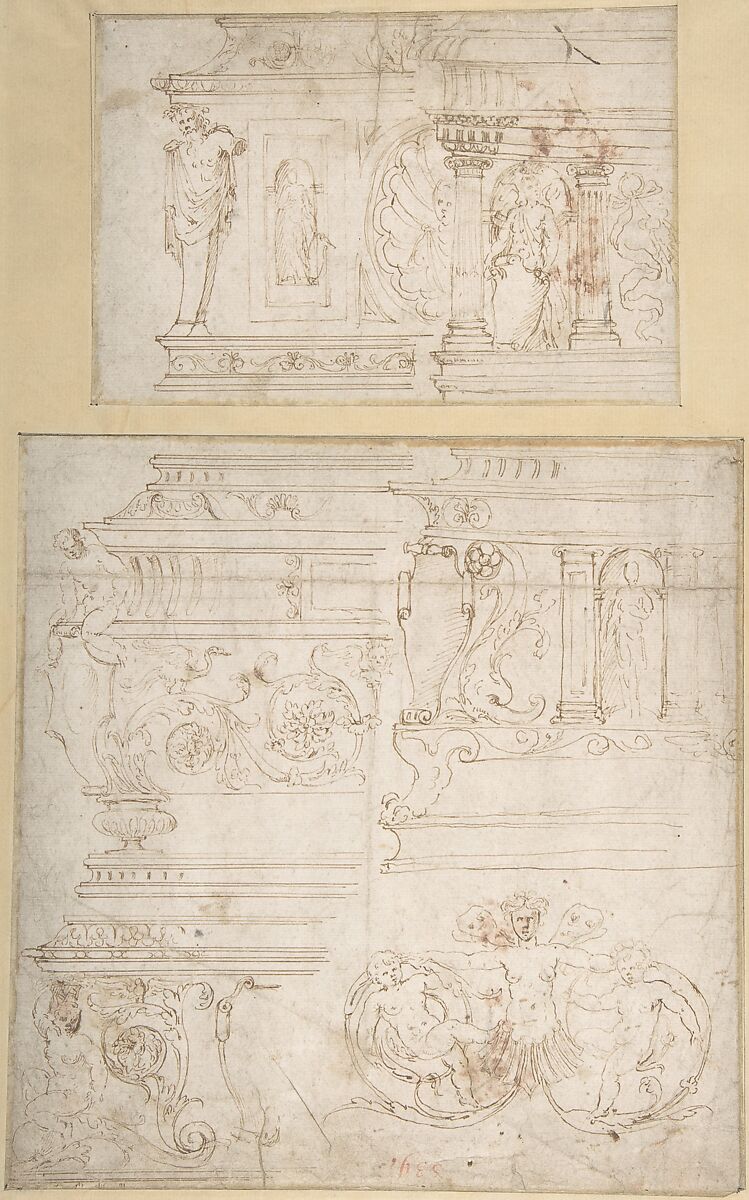 Sketches for the Design of a Casket (recto); Battle of the Centaurs and Lapiths(?) (verso), attributed to Girolamo da Carpi (Girolamo Sellari) (Italian, Ferrara 1501–1556 Ferrara), Pen and brown ink 