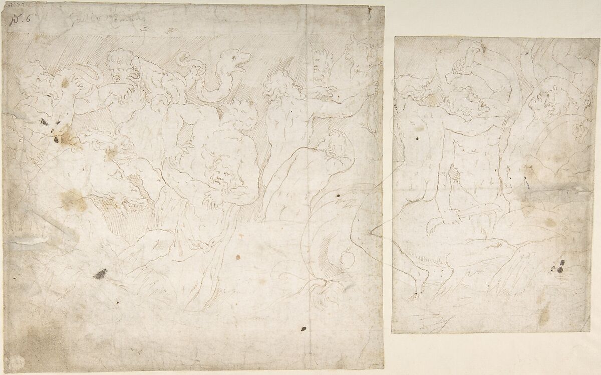 Sketches for the Design of a Casket (recto); Battle of the Centaurs and Lapiths(?) (verso), Attributed to Girolamo da Carpi (Girolamo Sellari) (Italian, Ferrara 1501–1556 Ferrara), Pen and brown ink