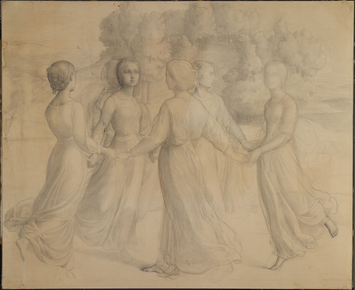 "The Round Dance" or "Rays of Sunlight", Anne-François-Louis Janmot (French, Lyon 1814–1892 Lyon), Black chalk, graphite, charcoal, wax crayon, brush and wash on cream wove paper 