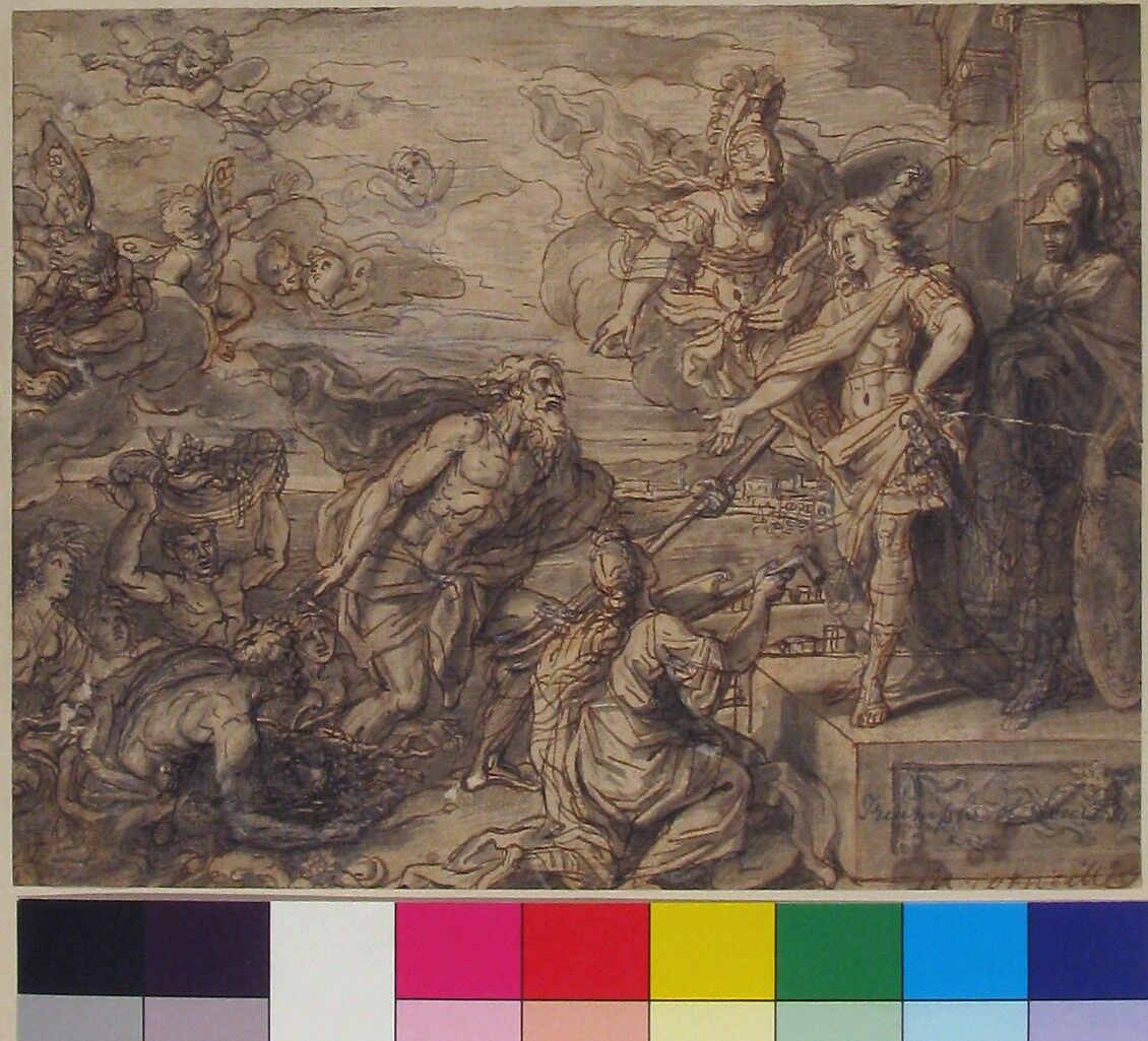 Neptune and other Marine Deities Paying Homage to Louis XIV, Michel Corneille the Younger (French, Paris 1642–1708 Paris), Pen and brown ink, gray ink and gray wash, heightened with a little white, over red chalk