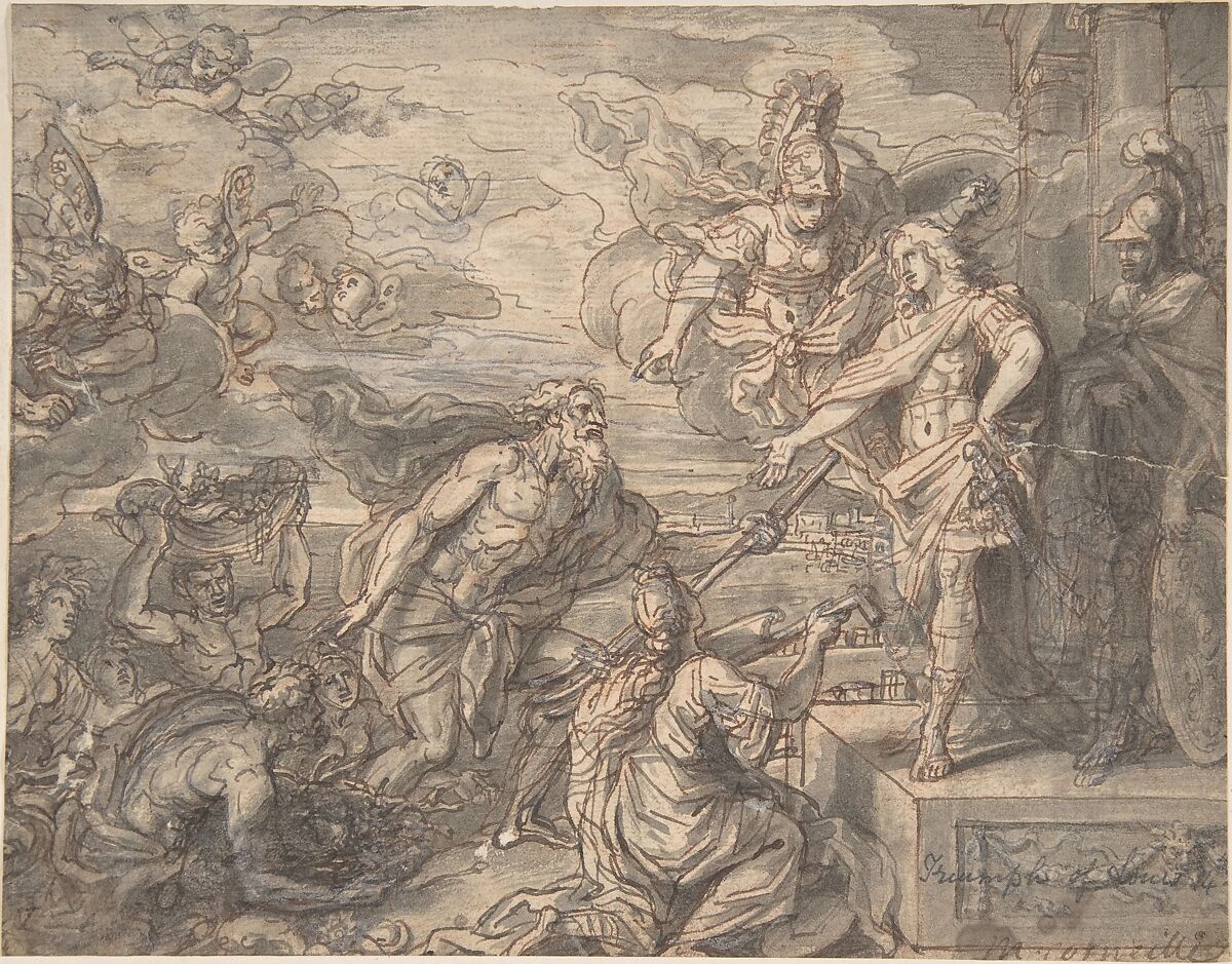 Neptune and other Marine Deities Paying Homage to Louis XIV, Michel Corneille the Younger (French, Paris 1642–1708 Paris), Pen and brown ink, gray ink and gray wash, heightened with a little white, over red chalk 