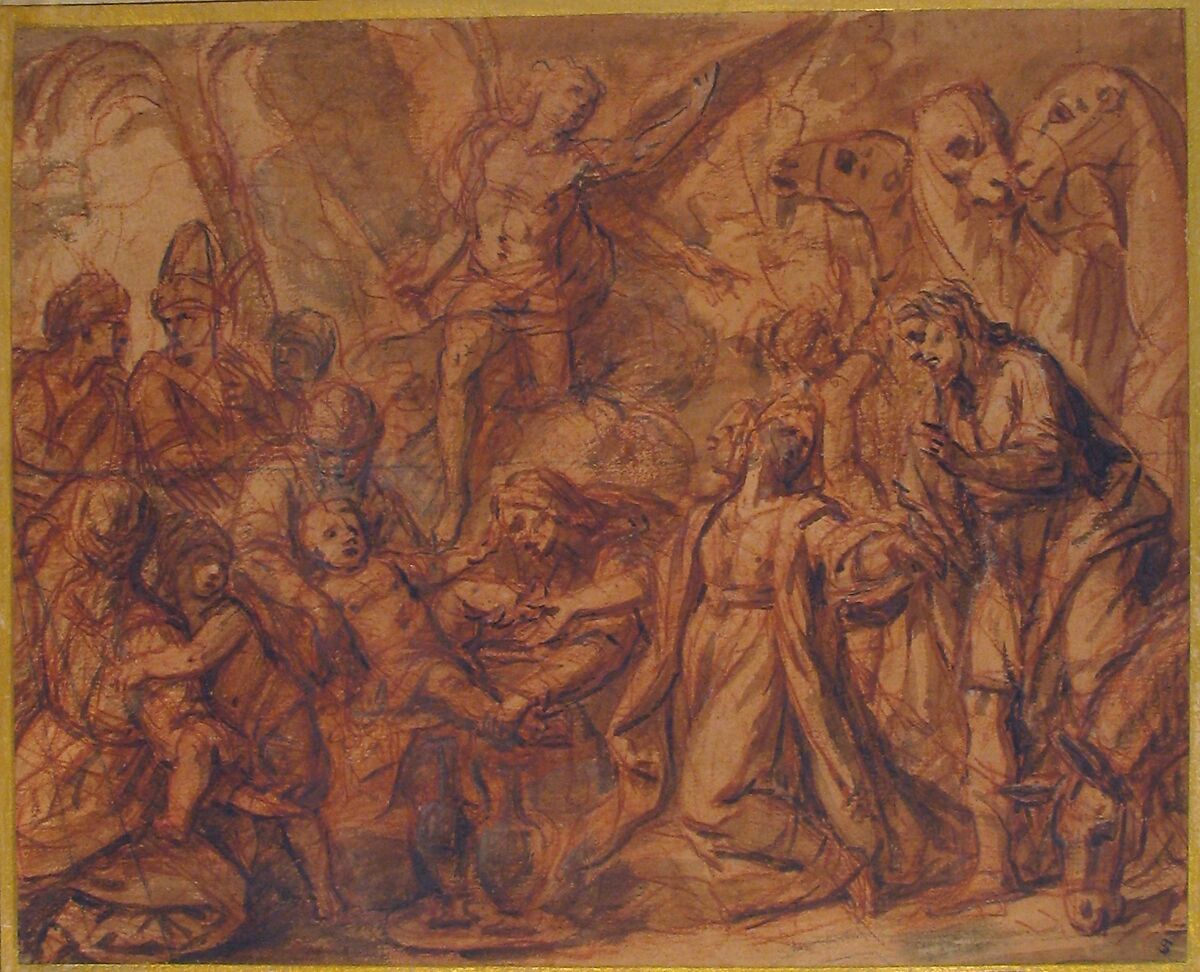 The Son of Moses Circumcised, Anonymous, French, 17th century, Red chalk, brush and red, brown, and gray wash, heightened with white