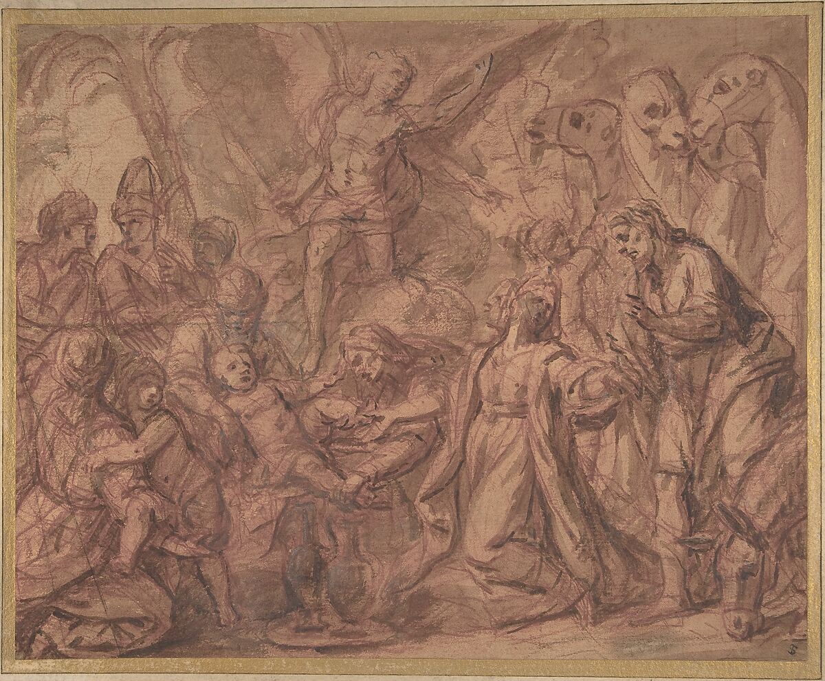 The Son of Moses Circumcised, Anonymous, French, 17th century, Red chalk, brush and red, brown, and gray wash, heightened with white, on beige paper 