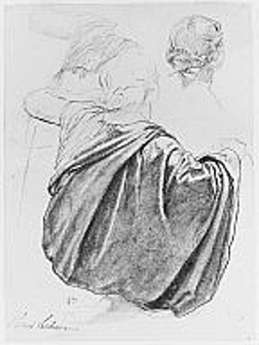 Studies of a Draped Female Figure, Kneeling, Seen from the Back, for the East Transept of the Chruch of Sainte-Clothilde, Paris, Henri Lehmann (French, Kiel 1814–1882 Paris), Charcoal (rubbed) and graphite