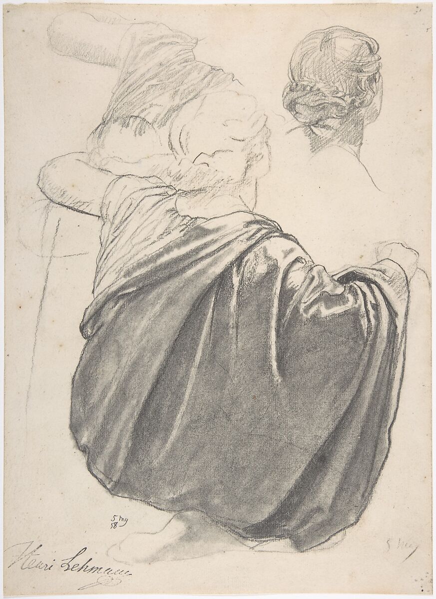 Studies of a Draped Female Figure, Kneeling, Seen from the Back, for the East Transept of the Chruch of Sainte-Clothilde, Paris, Henri Lehmann (French, Kiel 1814–1882 Paris), Charcoal (rubbed) and graphite on off-white laid paper 