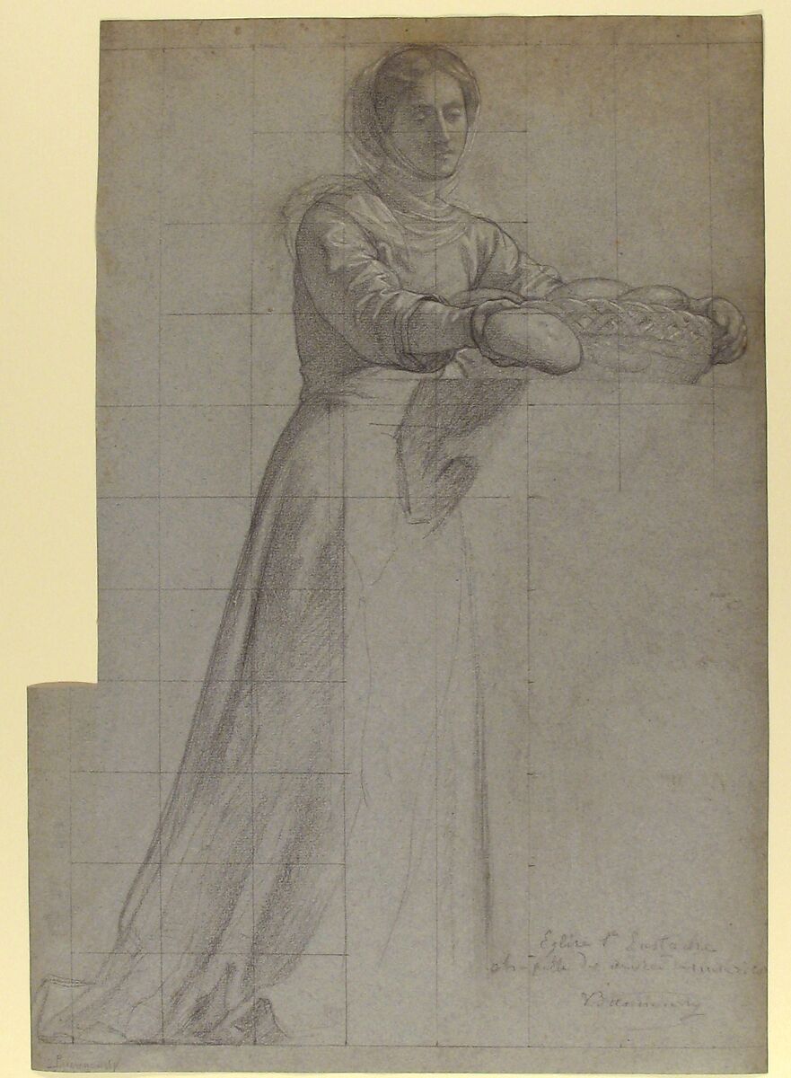 A Woman Distributing Bread from a Basket: Study for "Feed the Hungry," in the Chapel of the Seven Corporal Works of Mercy (Les Oeuvres de Miséricorde), Church of Saint-Eustache, Paris, Victor-François-Eloi Biennourry (French, Bar-sur-Aube 1823–1893 Paris), Fabricated black and white chalk, squared with fabricated black chalk
