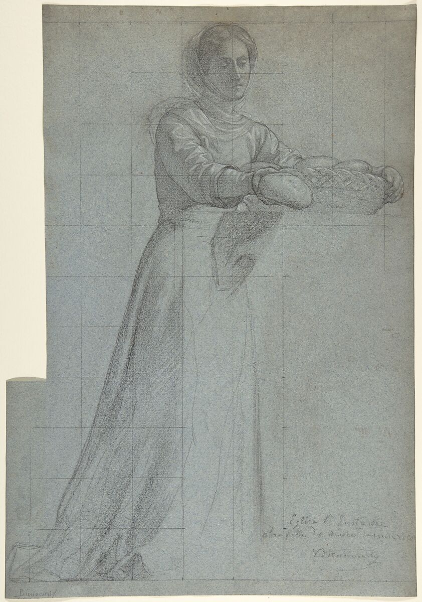 A Woman Distributing Bread from a Basket: Study for "Feed the Hungry," in the Chapel of the Seven Corporal Works of Mercy (Les Oeuvres de Miséricorde), Church of Saint-Eustache, Paris, Victor-François-Eloi Biennourry (French, Bar-sur-Aube 1823–1893 Paris), Fabricated black and white chalk, squared with fabricated black chalk, on blue laid paper 
