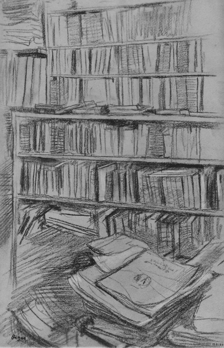 Bookshelves, Study for "Edmond Duranty", Edgar Degas (French, Paris 1834–1917 Paris), Dark brown chalk, heightened with white chalk, on blue laid paper, faded to beige