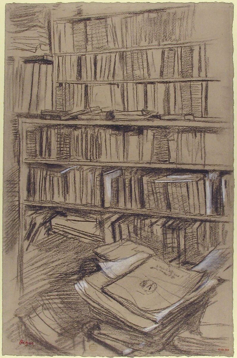 Bookshelves, Study for "Edmond Duranty", Edgar Degas (French, Paris 1834–1917 Paris), Dark brown chalk, heightened with white chalk, on blue laid paper, faded to beige