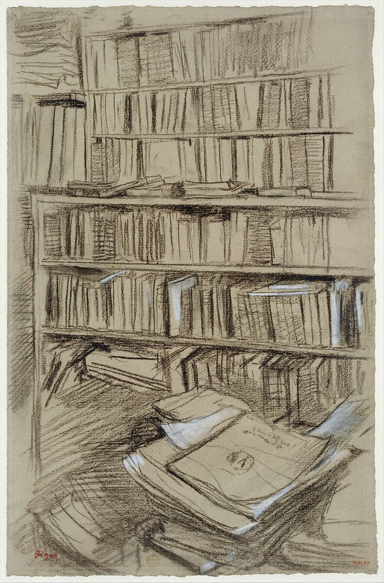 Bookshelves, Study for "Edmond Duranty", Edgar Degas (French, Paris 1834–1917 Paris), Dark brown chalk, heightened with white chalk, on blue laid paper, faded to beige