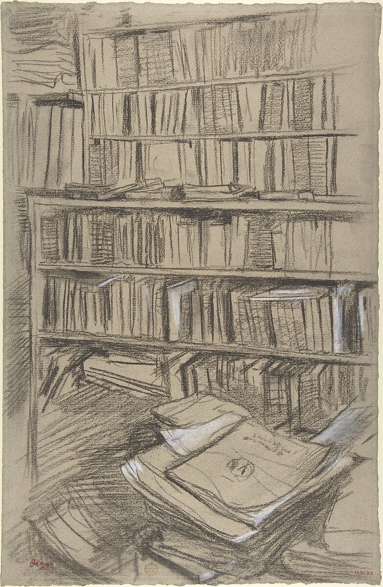 Bookshelves, Study for "Edmond Duranty", Edgar Degas  French, Dark brown chalk, heightened with white chalk, on blue laid paper, faded to beige