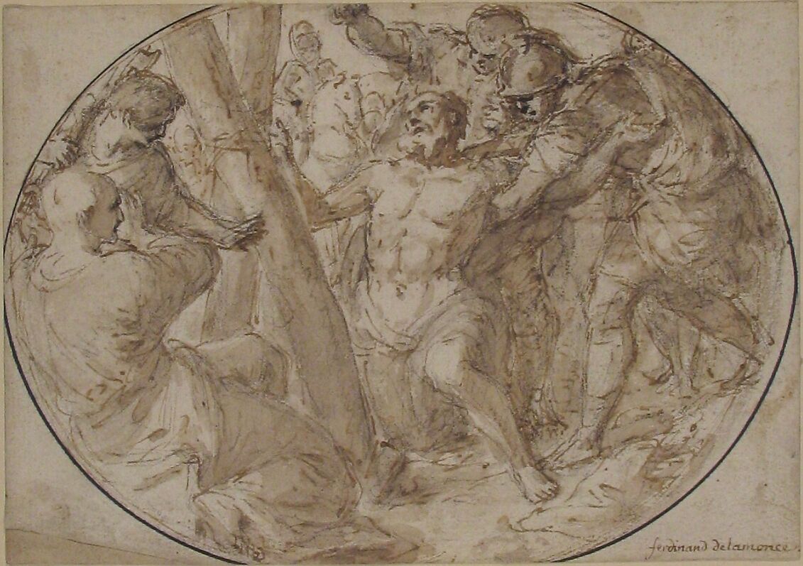 Martyrdom of St. Andrew, Ferdinand Pierre Joseph Ignace Delamonce (French, Munich 1678–1753 Lyon), Pen and brown ink, brown wash, over black chalk. Oval framing lines in pen and black ink.